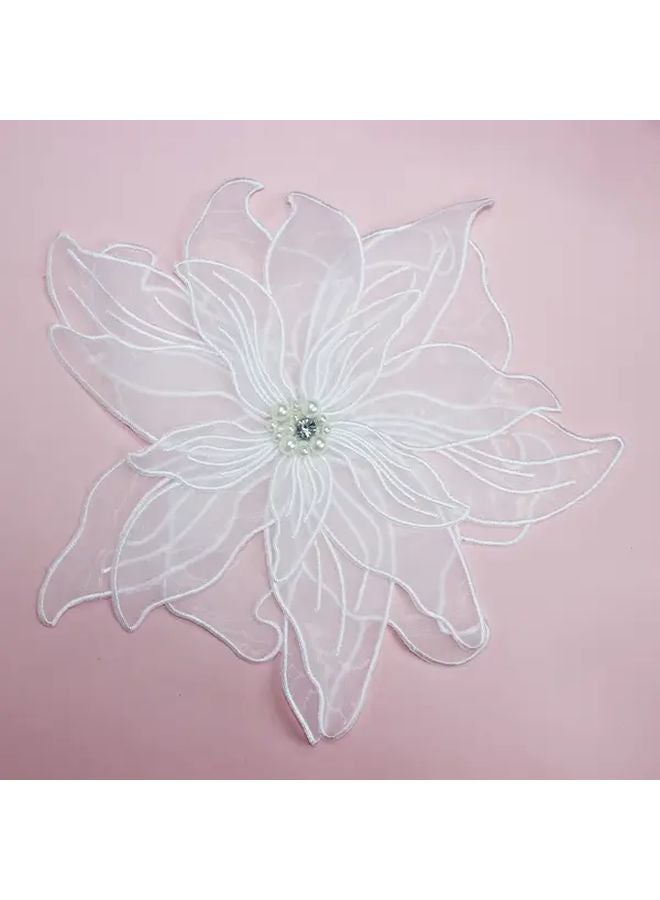 White 3D Layered Floral Embroidered Organza Sew On Patch With Bead Center - Image 1